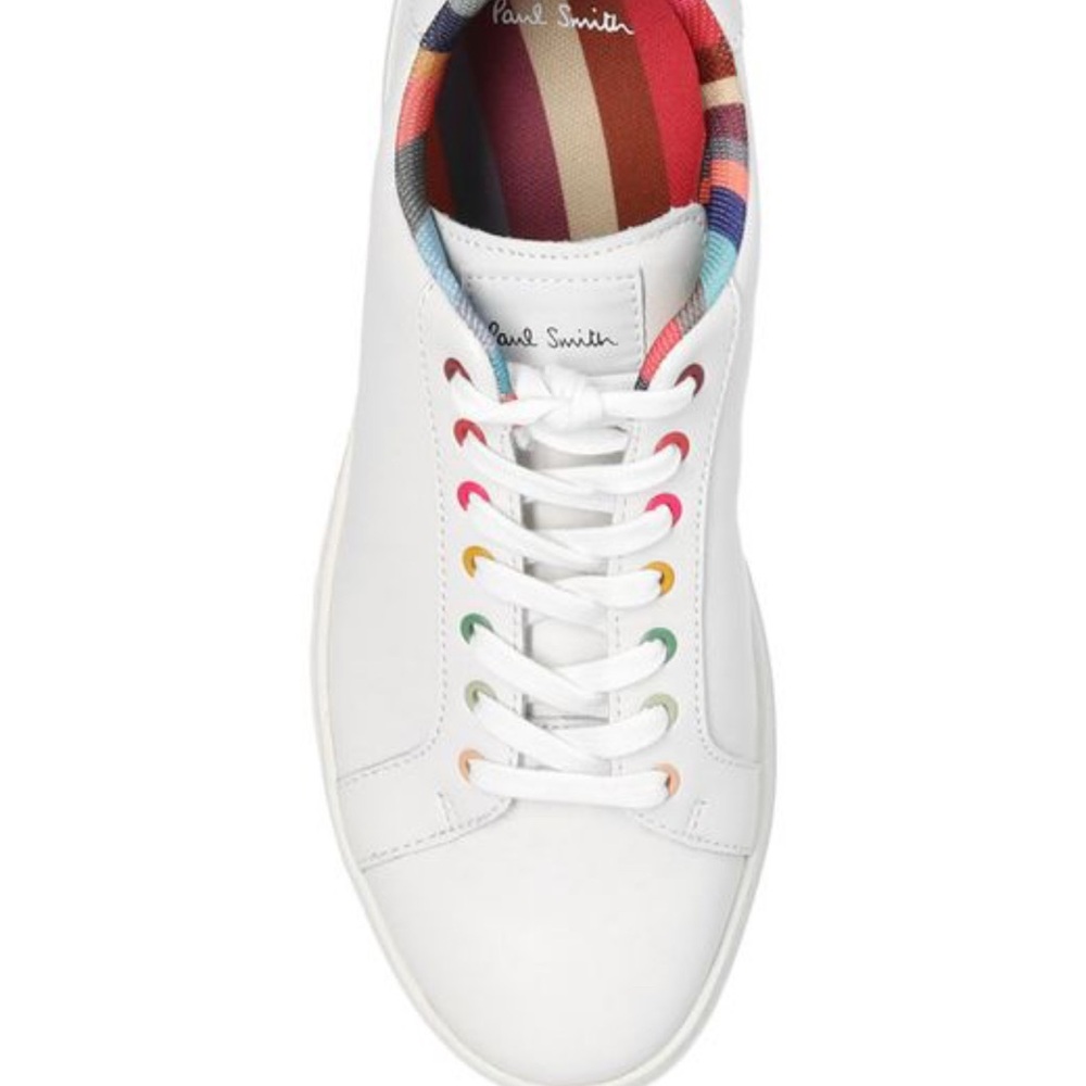 Paul Smith Lapin Low Top White Sneakers with Vibrant Stripes and lace holes.